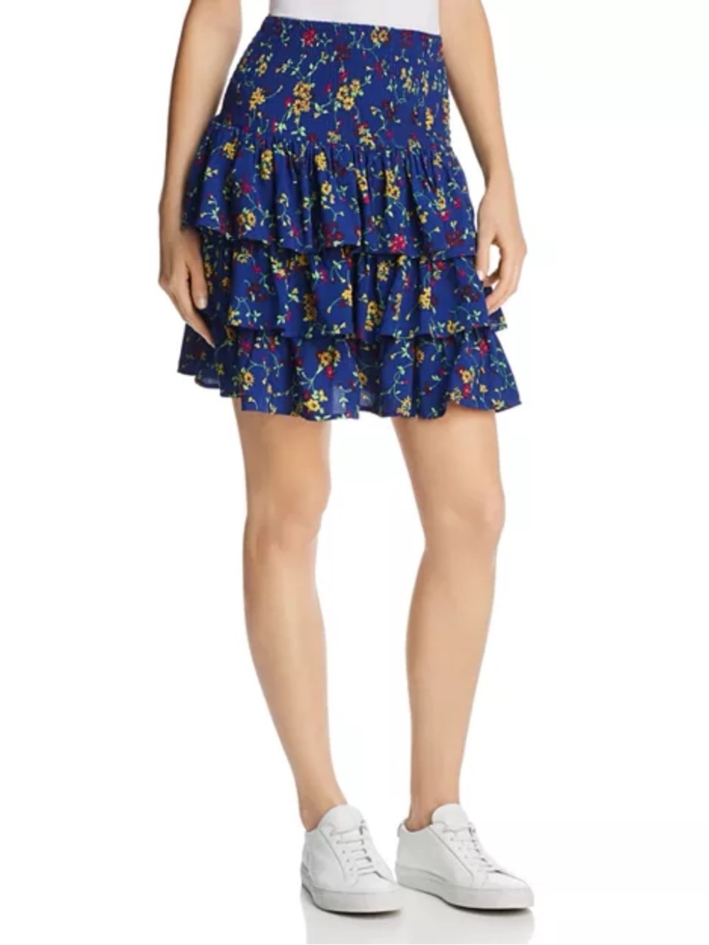 Maje Blue Floral Smocked Tiered Ruffled Mini Skirt Size L